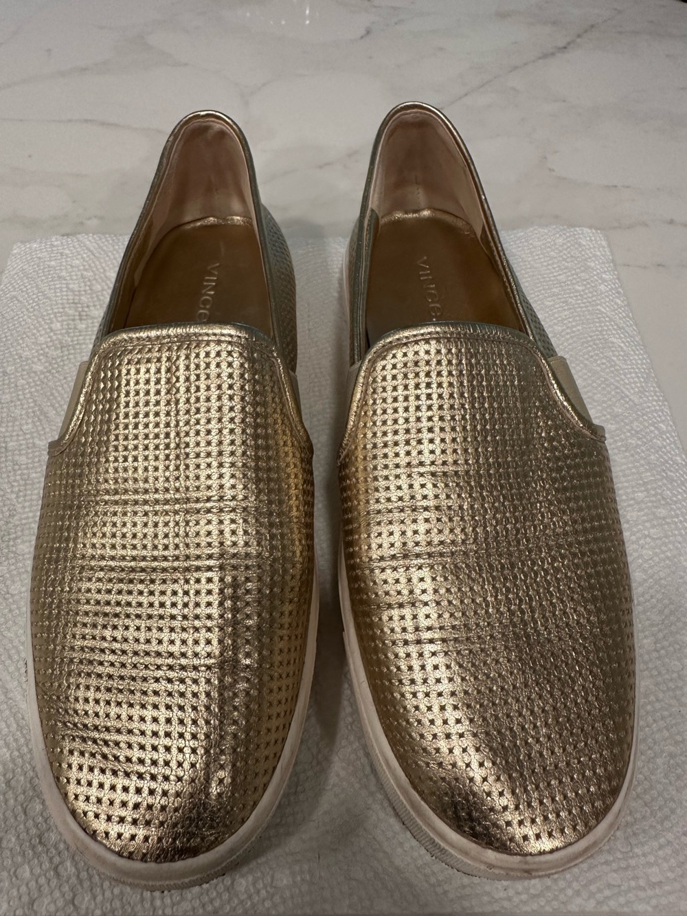 Vince Gold Perforated leather upper, Metallic Slip-On Sneakers
